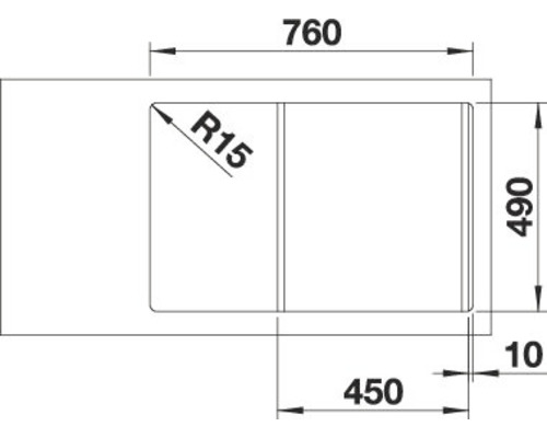 Technische Zeichnung einer Spüle mit den Maßen 760, 490, 450, 10 und dem Radius R15.
