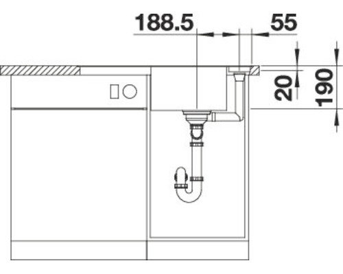 Technische Zeichnung einer Spüle mit den Maßen 188,5 mm, 55 mm, 20 mm und 190 mm