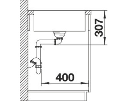 Skizze eines Waschbeckens mit Abmessungen 400 und 307 Millimeter