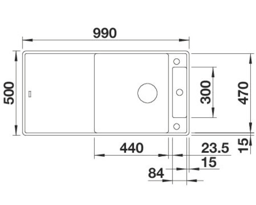 Technische Zeichnung einer Spüle mit den Maßen 990 x 500 mm