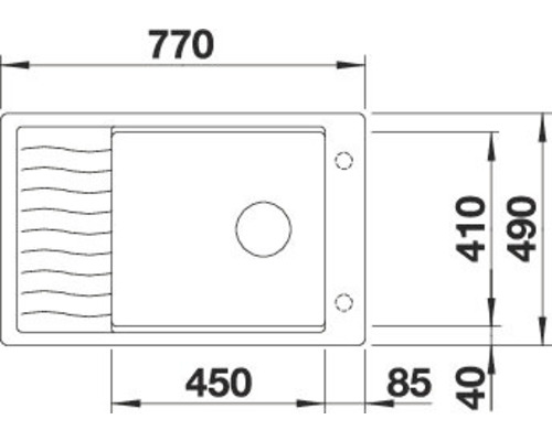 Zeichnung einer Spüle mit den Maßen 770 x 490 Millimeter