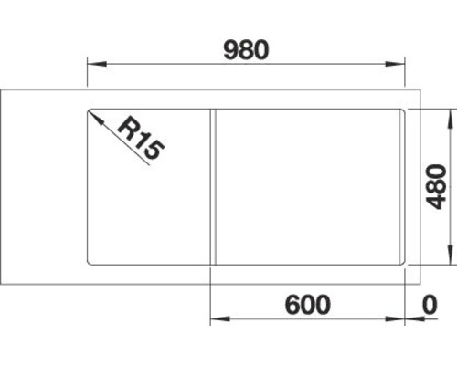 Technische Zeichnung einer Spüle mit den Maßen 980 x 480 mm