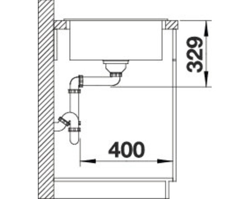 Zeichnung einer Spüle mit Abmessungen von 329 und 400 Millimetern.