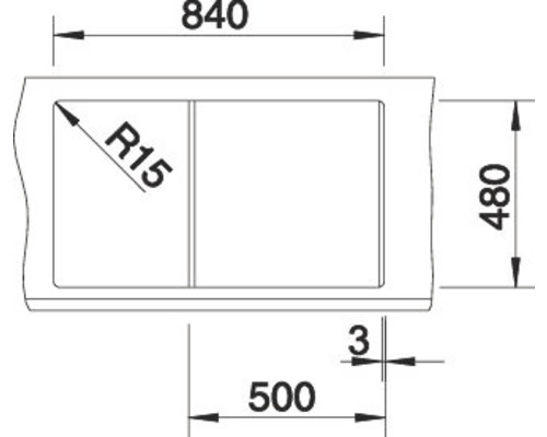 Skizze einer Spüle mit den Maßangaben 840, 480, 500, 3 und R15.
