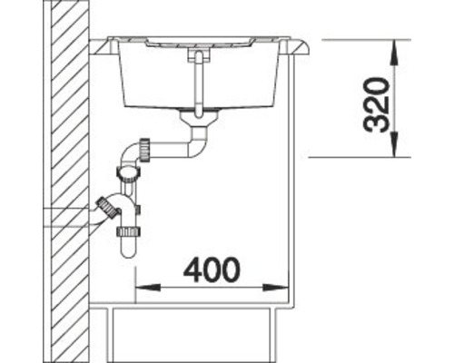 Zeichnung eines Spülbeckens mit Abmessungen 400 x 320 mm