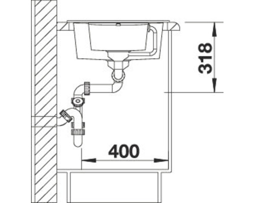 Zeichnung einer Spüle mit Abmessungen 318 und 400 Millimeter.