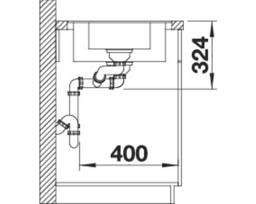 Skizze einer Spüle mit Abmessungen der Sanitärinstallation
