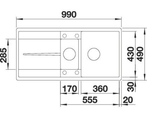 Technische Zeichnung einer Spüle mit Abmessungen