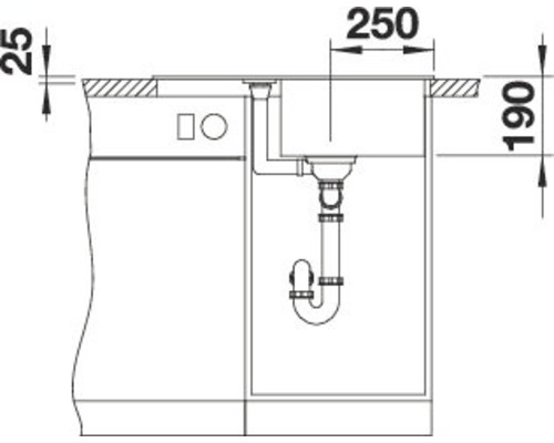 Technische Zeichnung eines Spülbeckens mit Maßen.