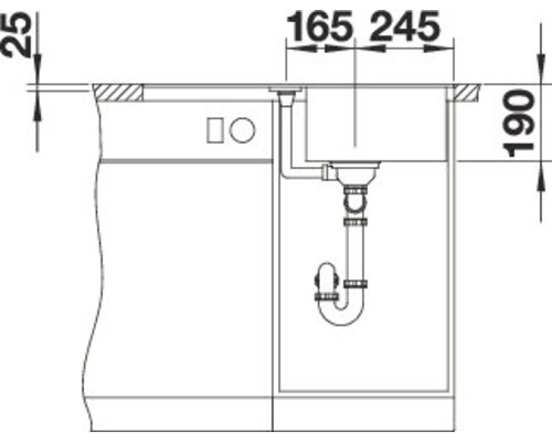 Technische Zeichnung eines Spülbeckens mit Maßangaben