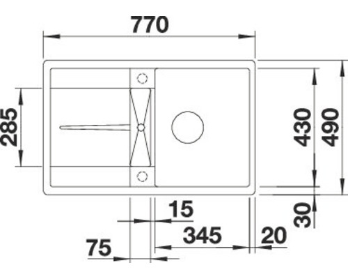Skizze einer Küchenspüle mit Maßangaben