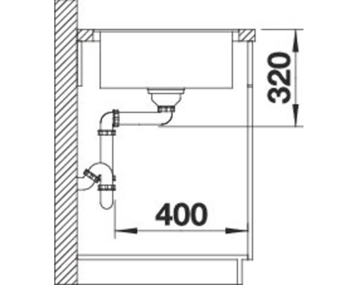 Technische Zeichnung eines Spülbeckens mit Siphon und Abmessungen