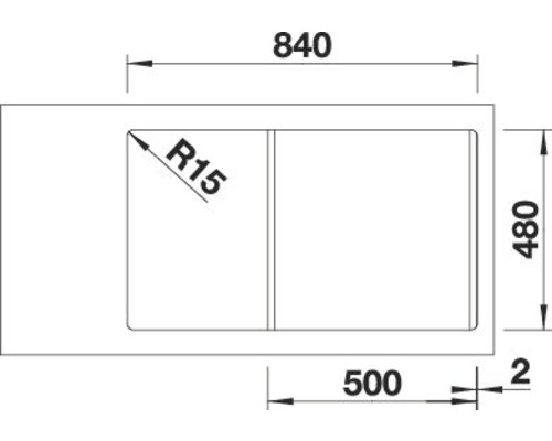 Technische Zeichnung einer Spüle mit Maßangaben