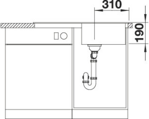 Skizze eines Spültisches mit Maßangaben für Breite und Höhe