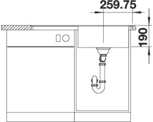 Technische Zeichnung eines Spülbeckens mit Abmessungen