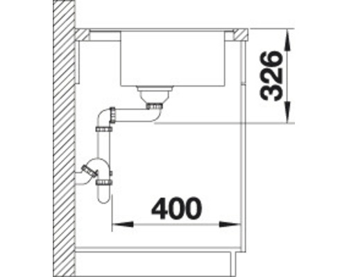 Skizze einer Spüle mit Abmessungen von 400 und 326 Millimetern