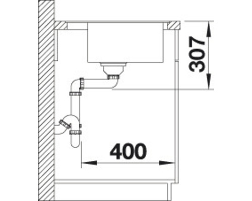 Skizze einer Spüle mit Abfluss und Maßangaben: 307 mm Höhe, 400 mm Breite