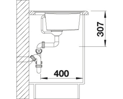 Technische Zeichnung eines Spülbeckens mit Abflussrohren und Maßangaben