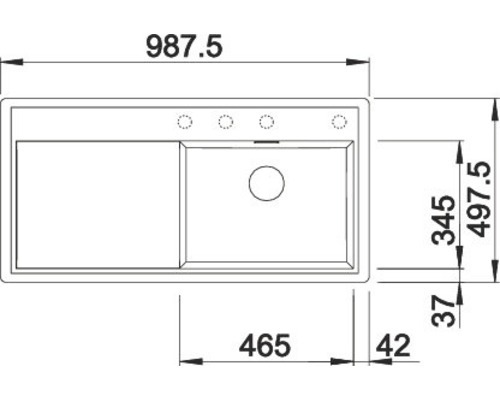 Zeichnung einer Spüle mit Abmessungen.