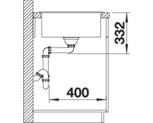 Skizze einer Spüle mit Abmessungen von 332 und 400 Millimetern.