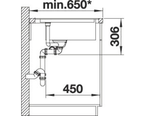 Technische Zeichnung einer Spüle mit Abmessungen