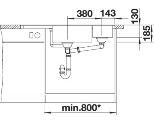 Zeichnung einer Spüle mit Maßangaben für den Einbau