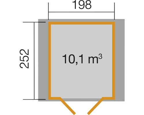 Grundrisszeichnung mit den Maßen 198 x 252 und Volumen von 10,1 Kubikmeter