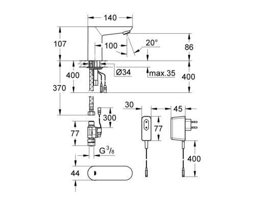 Technische Zeichnung einer Armatur mit Maßangaben