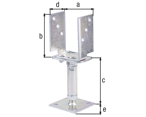 Verstellbare Pfostenstütze mit Abmessungen a, b, c, d und e