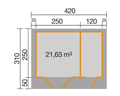 Grundrisszeichnung eines Gartenhauses mit Maßangaben.