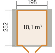 Grundriss einer Gartenlaube mit den Maßen 198 mal 252 Zentimeter und einem Volumen von 10,1 Kubikmetern
