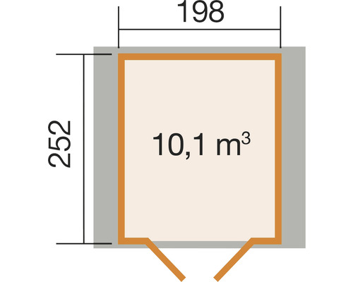 Grundriss einer Gartenlaube mit den Maßen 198 mal 252 Zentimeter und einem Volumen von 10,1 Kubikmetern
