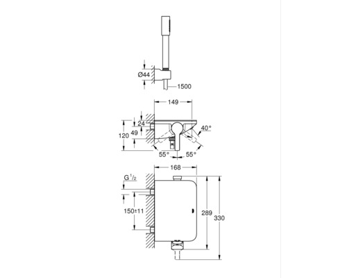 Maßzeichnung einer Dusche mit den Maßen in Millimeter
