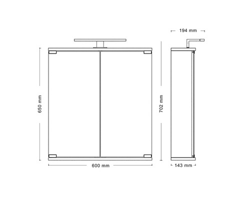 Technische Zeichnung eines Spiegelschranks mit Maßen