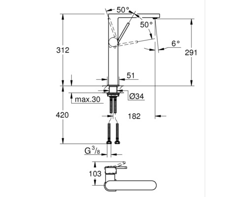 Technische Zeichnung einer Armatur mit Maßangaben