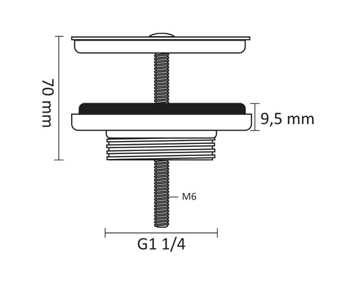 Technische Zeichnung eines Ablaufventils mit den Maßen 70 mm Höhe, 9,5 mm Dichtungsstärke, Gewinde M6 und G 1 1/4