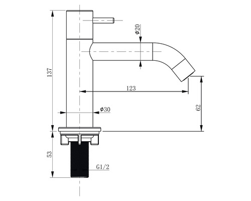Technische Zeichnung einer Armatur mit Maßangaben.