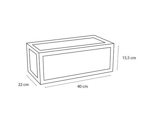 Illustration eines Pflanzkastens mit den Maßen 40, 22 und 15,5 Zentimeter.