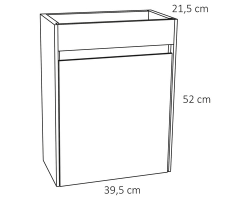 Zeichnung eines Badschranks mit den Maßen 21,5 cm x 52 cm x 39,5 cm