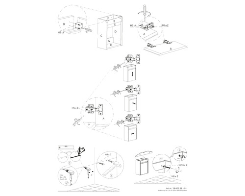 Montageanleitung für ein Möbelstück mit Beschlägen und Schrauben