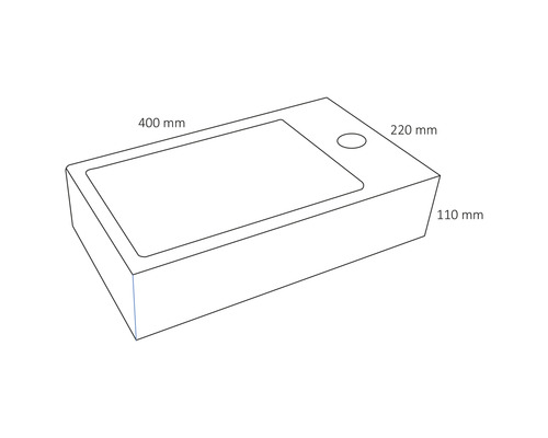 Skizze eines Waschbeckens mit den Maßen 400 mm Länge, 220 mm Breite und 110 mm Höhe.