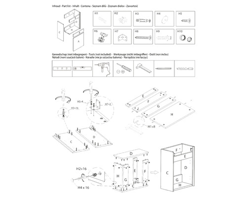 Montageanleitung für Möbel mit Teileliste und Werkzeugübersicht