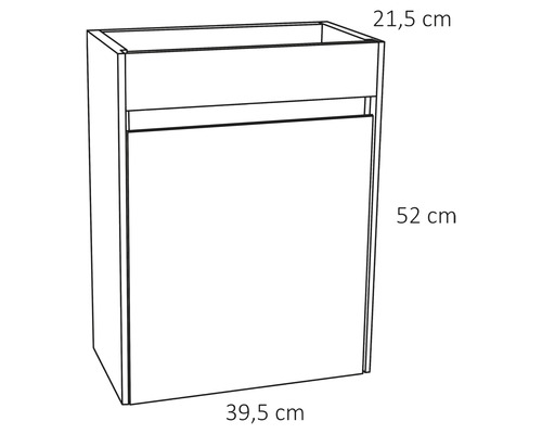 Zeichnung eines Badezimmer Unterschranks mit den Maßen 21,5 cm x 39,5 cm x 52 cm.