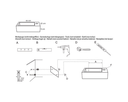 Installationsanleitung für Waschtisch mit Maßangaben und benötigtem Werkzeug