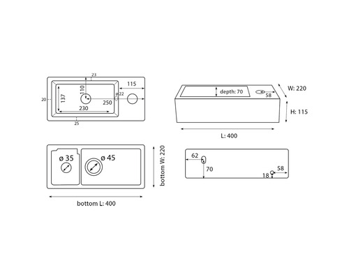 Skizze eines Waschbeckens mit Maßangaben für Länge, Breite und Höhe