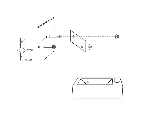 Explosionszeichnung einer Badewanneninstallation mit Wandarmatur