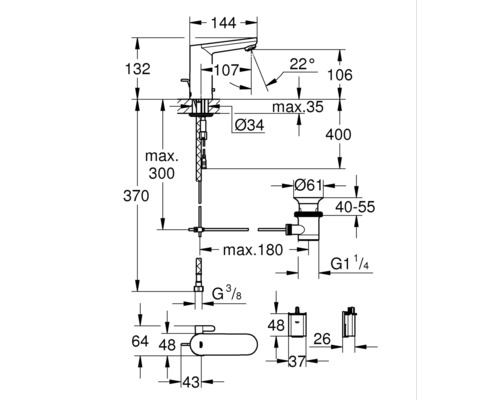 Maßzeichnung eines Wasserhahns mit Angaben zu Höhe, Breite und Durchmesser.