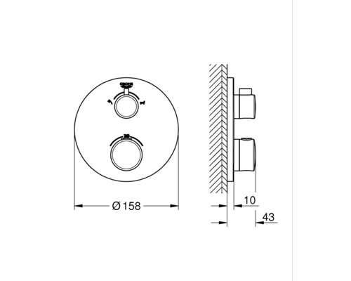 Technische Zeichnung einer runden Grohe Armatur mit Maßangaben