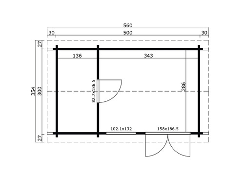 Grundrisszeichnung eines Gartenhauses mit Maßangaben