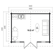 Grundriss eines Gartenhauses mit Möbeln und Küchenzeile mit einer Fläche von 16,8 Quadratmetern